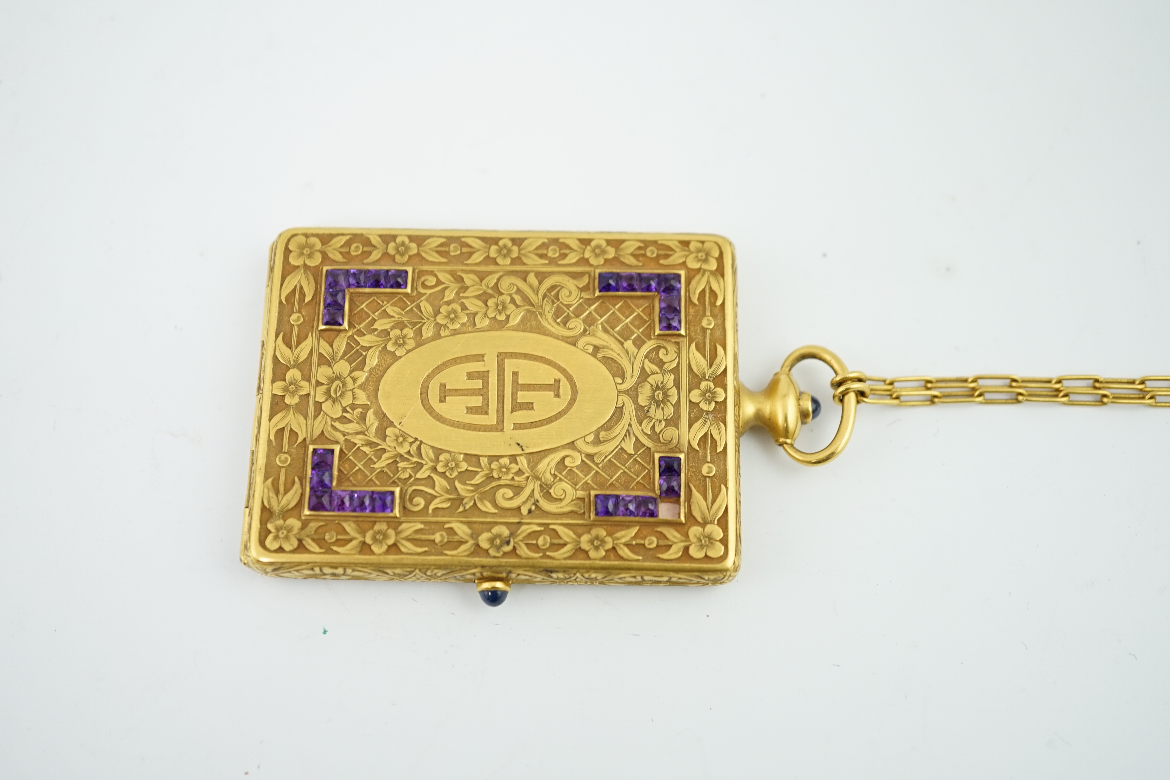 An early to mid 20th century continental gold and amethyst cluster set compact